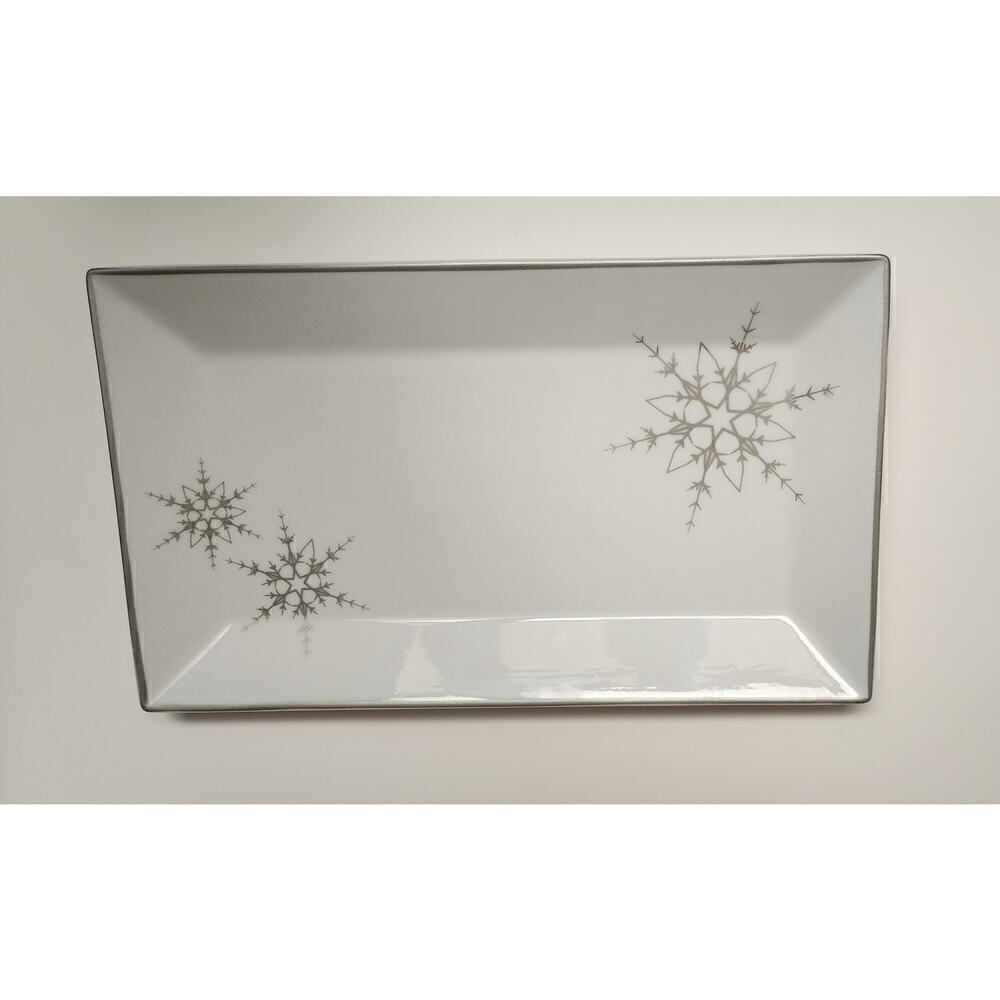 Ulta Beauty 13.5" Square Platinum White Silver Rimmed Snowflake Serving Plater